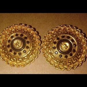 Vintage Gold Tone Spartan Trojan Black Rhinestone Statement Button Clip Earrings